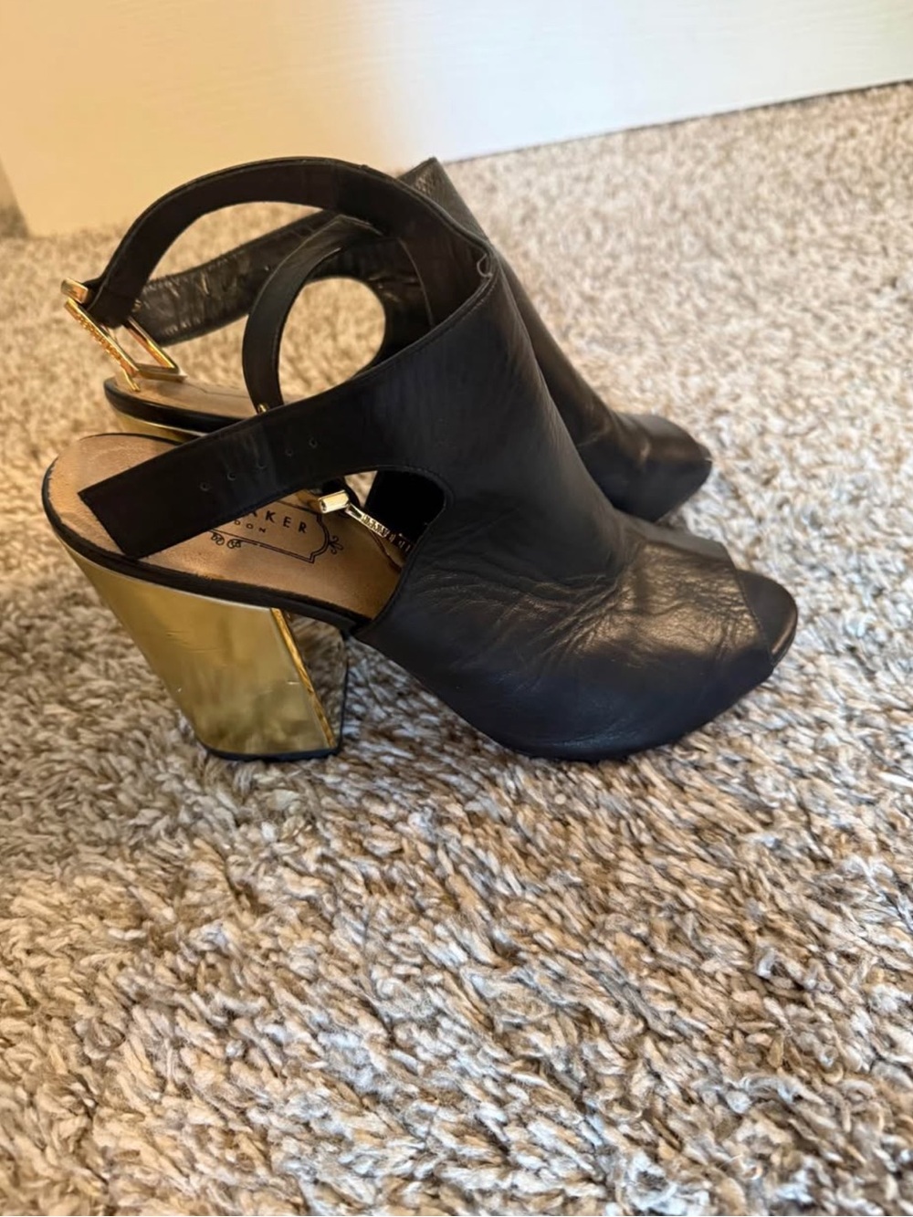 Black Leather Peep-Toe Slingback Heels with Gold Block Heel